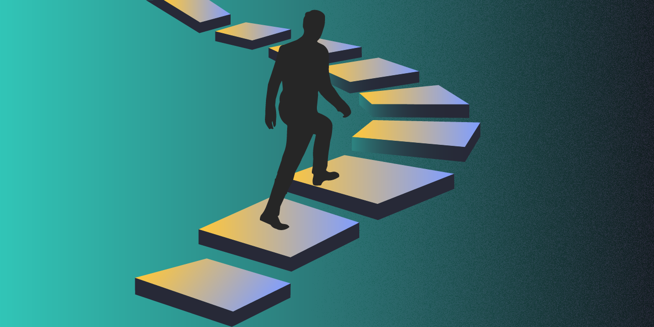 Person climbing floating steps toward success